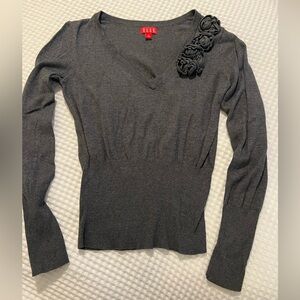 Elle Charcoal V-Neck Blouse with Floral Accent